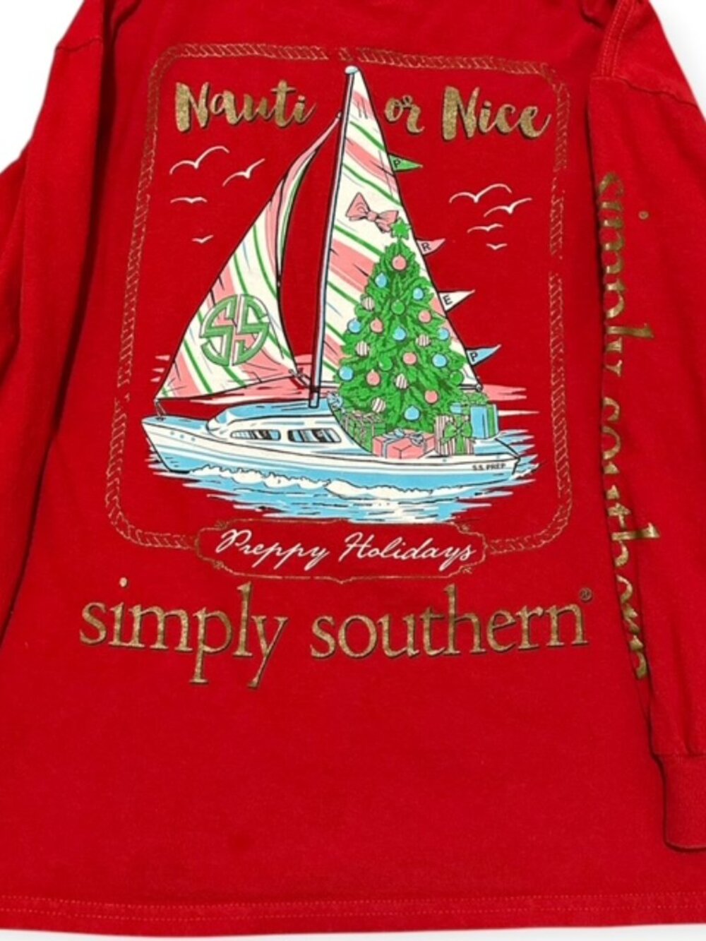 Simply Southern Nauti or Nice Preppy Christmas Shirt Youth Small Red